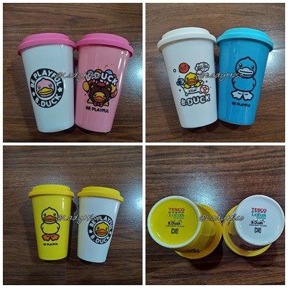 💟 ของพรีเมี่ยม Tesco Lotus 💟 ชุดเซตแก้วคู่ แก้วน้ำ 2 ใบ B.Duck บีดั๊กเซรามิค + ฝาซิลิโคน พรีเมี่ยมโล