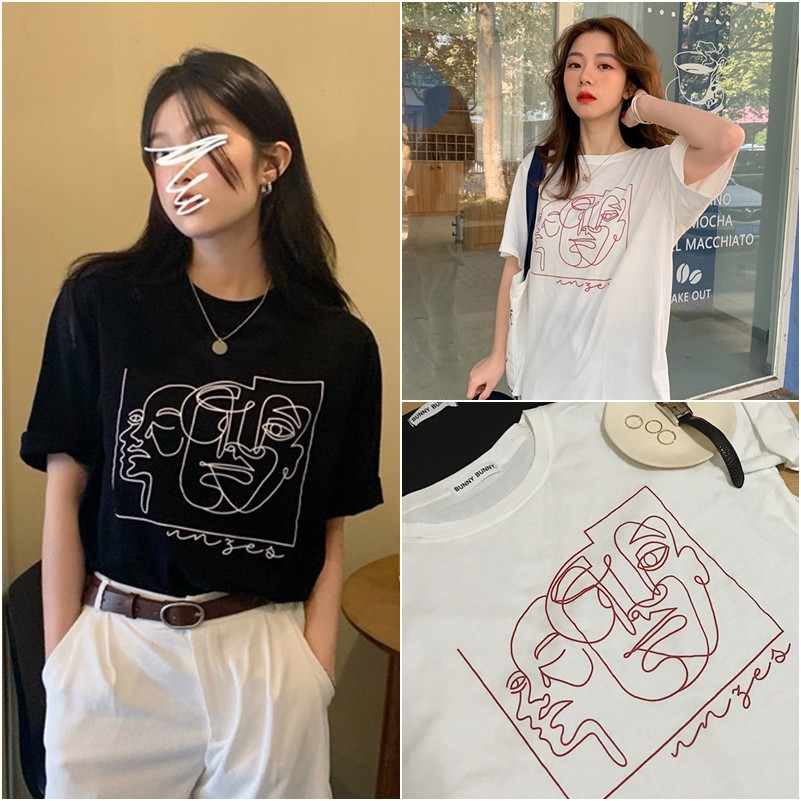 POOHPAND เสื้อยืดOversize เสื้อยืดแขนสั้น พิมพ์ลายดิจิตอลสวยงาม แนวอาร์ต แนวมินิมอล #8006