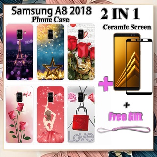 2 IN 1 เคสโทรศัพท์ Samsung A8 2018 พร้อมกระจกนิรภัยกันรอยหน้าจอเซรามิค ฟิล์มโค้ง โรแมนติก