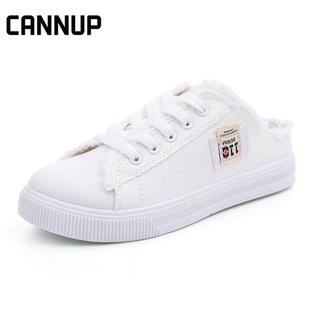 ใหม่ CANNUP รองเท้าผ้าใบ เปิดส้น สไตล์เกาหลี สีขาว สำหรับผู้หญิง 100192