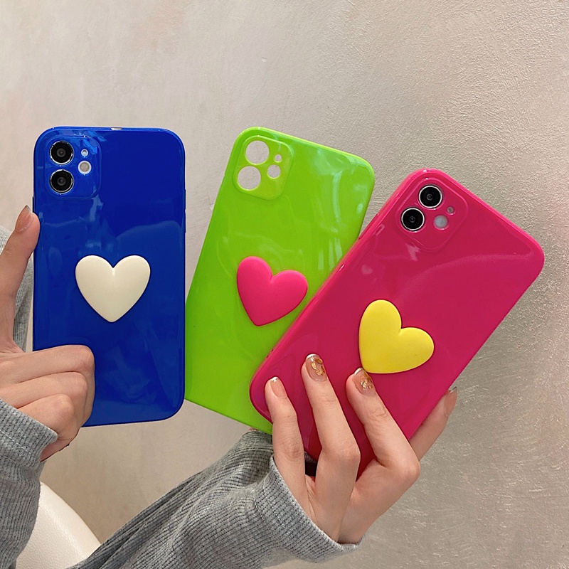 เคสโทรศัพท์มือถือ ซิลิโคนนุ่ม สีนีออนเรืองแสง ลายหัวใจ 3D หรูหรา สําหรับ OPPO A52 A72 A92 A5 A8 A9 A9X A11 A11X A92S A55 A32 A53 RENO 5 RENO 6