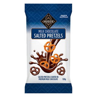 Hugos Salted Pretzels Milk Chocolate 120g. ฮิวโก้สช็อกโกแลตนมเพรทเซิลรสเค็ม 120 กรัม