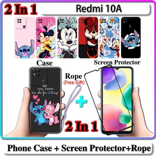 2 IN 1 เคส Redmi 10A พร้อมกระจกนิรภัยกันรอยหน้าจอโค้ง เซรามิค ลายสติทช์ และมินนี่เมาส์