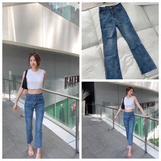 💙 Baren Jeans กางเกงยีนส์เอวสูง ขาม้า ปลายขาตัด ผ้ายืดใส่สบาย แต่งขาดขีด