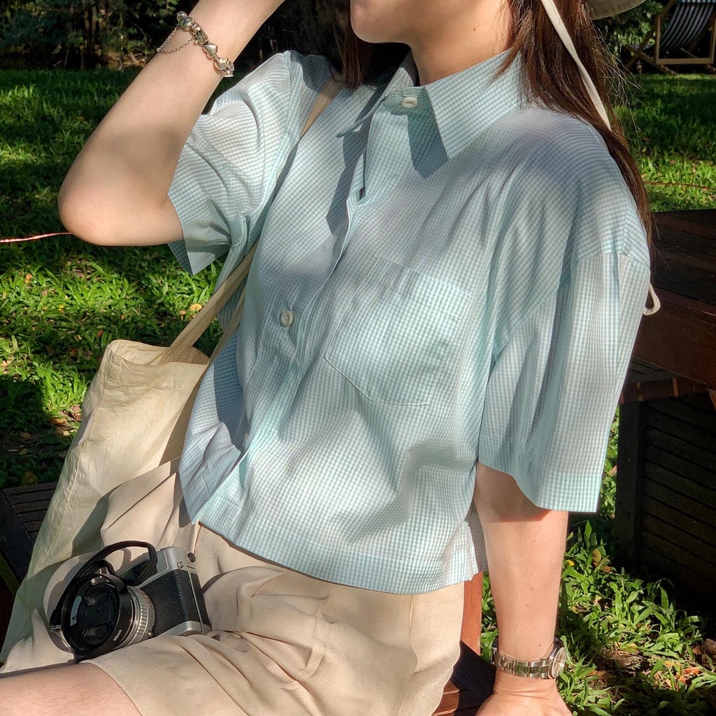 TENSE_co - Emily Crop Top เสื้อครอปดีเทลตารางสีพาสเทล Onesize 6 สี