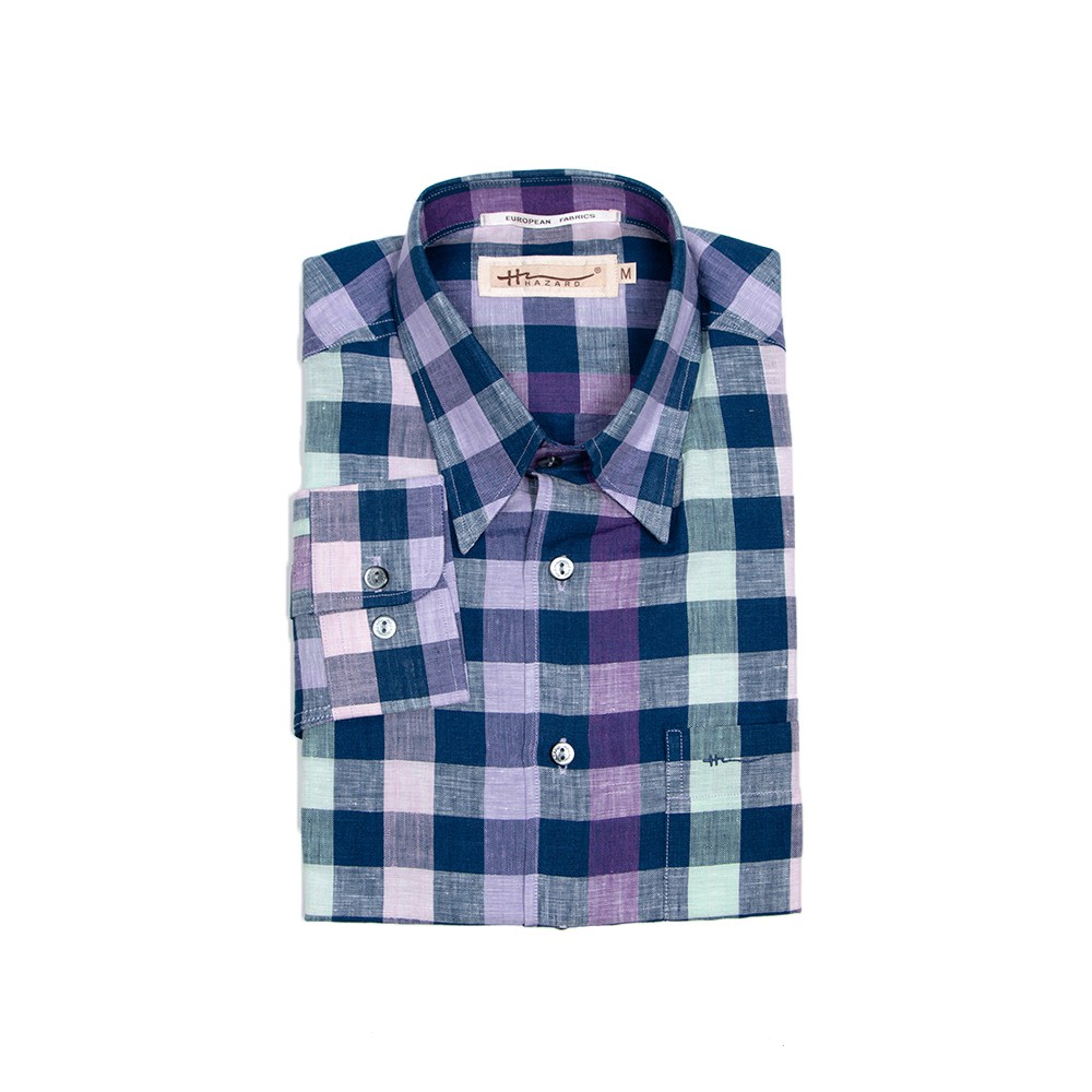 Hazard เสื้อเชิ้ตทำงานแขนยาวลายสก็อต ผ้า Linen(ลินิน) สีม่วงกลาง