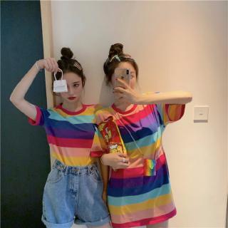 รุ้ง🌈🌈ลายแขนสั้นเสื้อยืดผู้หญิงเสื้อและส่วนยาวน้ำ