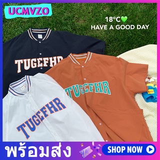 UCMVZO เสื้อเชิ้ตแขนสั้นผู้ชายทรงหลวม เสื้อคอปกเบสบอล