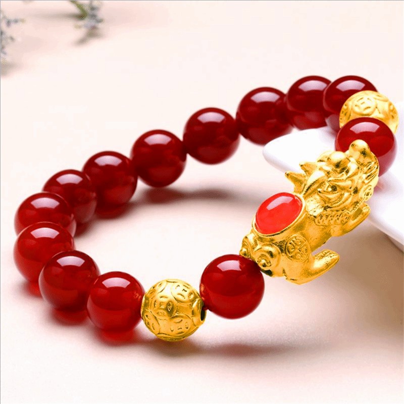 สร้อย¤Green agate Mosaic alluvial gold the mythical wild animal bracelet female natural red agate, b