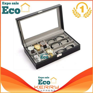 Eco Home กล่องนาฬิกา 6 เรือน กล่องใส่แว่นตา 3 อัน ด้านในบุกำมะหยี่ ฝากระจก พร้อมตัวล็อค กล่องใส่นาฬิกา