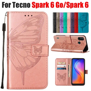 เคสโทรศัพท์หนัง Tecno Spark 6 Ke7 /Tecno Spark6 Go Ke5J Ke5K 3D ลายผีเสื้อ + เคสหนัง Tpu แบบพับได้สําหรับโทรศัพท์มือถือ