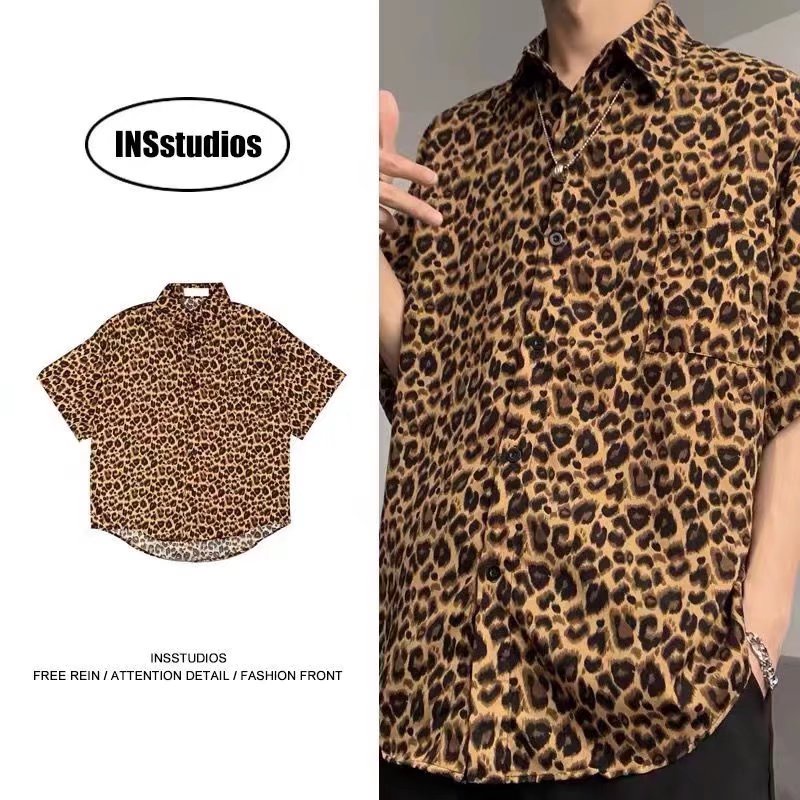 พร้อมส่ง เสื้อเกาหลีผู้ชาย ลายเสือดาว ปลอกคอยืน ไซส์ใหญ่ เสื้อวินเทจผู้ชาย ใส่สบาย สไตล์เกาหลีสุดฮอต