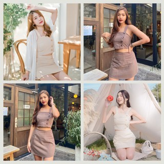 Crop Top &amp; Skirt Set - เซทเสื้อครอปกระโปรง ผ้าคอตตอนลินิน พร้อมส่ง