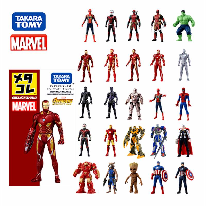 Tomy ฟิกเกอร์การ์ตูนมาร์เวล ไอรอนแมน กัปตันอเมริกา สไปเดอร์แมน โลหะผสม ของแท้ TAKARA Marvel Comics ภาพยนตร์ซีรีส์ตัวละครที่มีรูปร่างสดใสและเมทัลลิกสุด ๆ