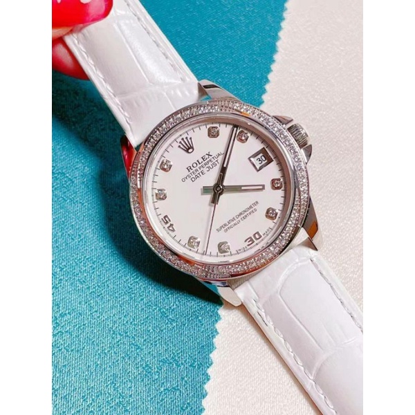 นาฬิกา ROLEX สายหนังงานหน้าเพชร แต่งเพชรขอบ และ ภายใน  เรียบหรูสวย