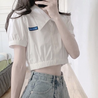 เสื้อเชิ้ตแขนพัฟสั้น แบบบาง เข้ารูป สีขาว แฟชั่นฤดูร้อน สําหรับเด็กผู้หญิง