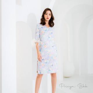 PY0101 Anna linin dress พร้อมส่ง!!!เดรสลินินลายปริ้น แต่งขนนก