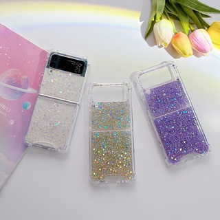 Samsung Galaxy Z Flip 3 เคสอีพ็อกซี่ กลิตเตอร์ พับ เคส สําหรับ Z Flip 4 แข็ง PC ป้องกัน กันตก เคส