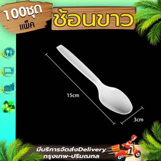 ช้อนพลาสติกสีขาว (แพ็ค 100 อัน) WS  ช้อนขาว ช้อนตักขนม ช้อนตักข้าว ช้อนพลาสติกขาว