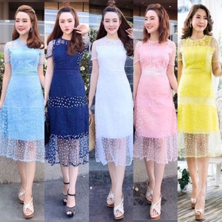 เดรสลูกไม้มี5สี!!! M-4XL Dress เดรสแขนสั้นปักดอกเดซี่ งานป้าย Love Love