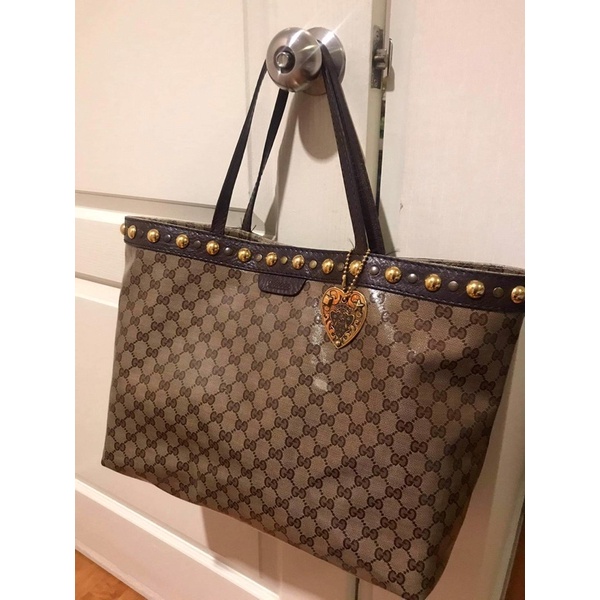 Gucci แท้ Beige/Ebony GG Crystal Canvas and Leather large Babouska Tote มือ2 สภาพดี