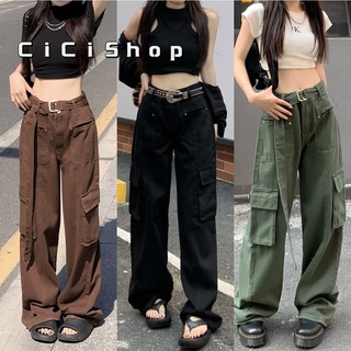 Cicishop(193)Cargo pants กางเกงขายาวทรงคาร์โก้ กิมมิคเข็มขลัด ทรงเท่ห์ใส่แมตช์ง่ายสไตล์y2k