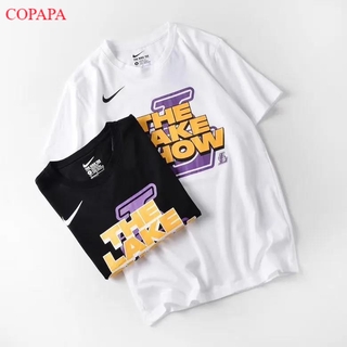 ใหม่ Los Angeles Lakers ผู้ชายแขนสั้น NBA ตัวอักษรพิมพ์คู่เสื้อยืดผ้าฝ้ายคอกลมนักเรียนกีฬาอินเทรนด์