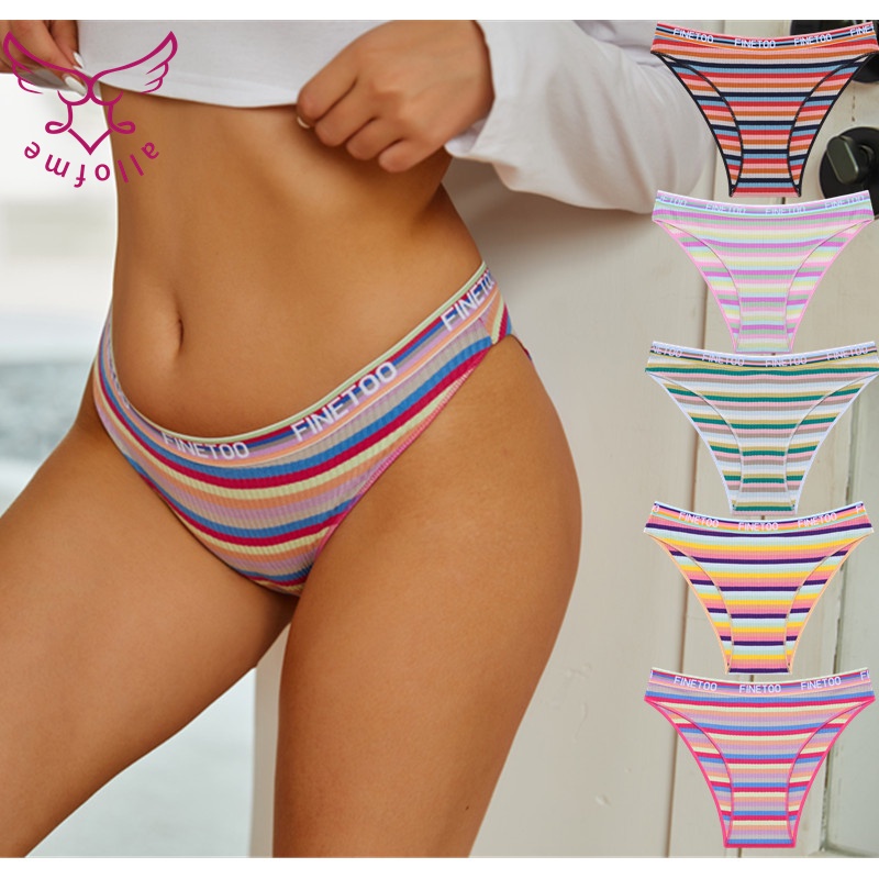 Allofme กางเกงชั้นใน ผ้าฝ้าย เอวต่ํา ระบายอากาศ สีรุ้ง เซ็กซี่ ลายทาง หลากสี สํา