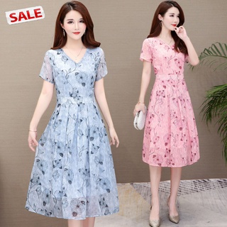 tdg Summer Slim V-neck Floral Dress Elegant Short Sleeves Middle Long Printing Causal Dress