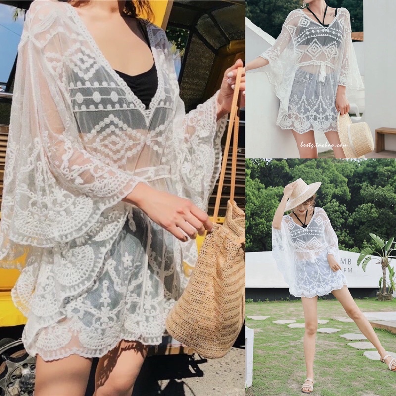 เสื้อคลุมสั้นผ้าชีฟอง ปักลูกไม้ค่ะ แต่งระบาย มีสายรูดเอว ทรงค้างคาวปีกกว้าง แบบผ้าบาง ใส่คลุมได้หลายสไตล์