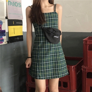 Fulllove พร้อมส่ง เดรสลายสก๊อตสายเดี่ยว ลายสก็อตเขียว สไตล์เกาหลี Midi Dress 677#