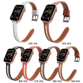 สายนาฬิกาข้อมือ ผ้าแคนวาส หนังวัวแท้ แบบบาง สองสี สําหรับ Apple Watch 7 6 5 4 3