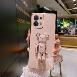 In Stock เคสโทรศัพท์ Phone Case OPPO Reno8 Pro 5G Reno7 Z 7 Pro Oppo A77 A57 4G 5G 2022 Plating Ultra Thin Casing with Creative Cartoon Bear Stand Softcase Full Lens Anti-drop Protection Cover เคส