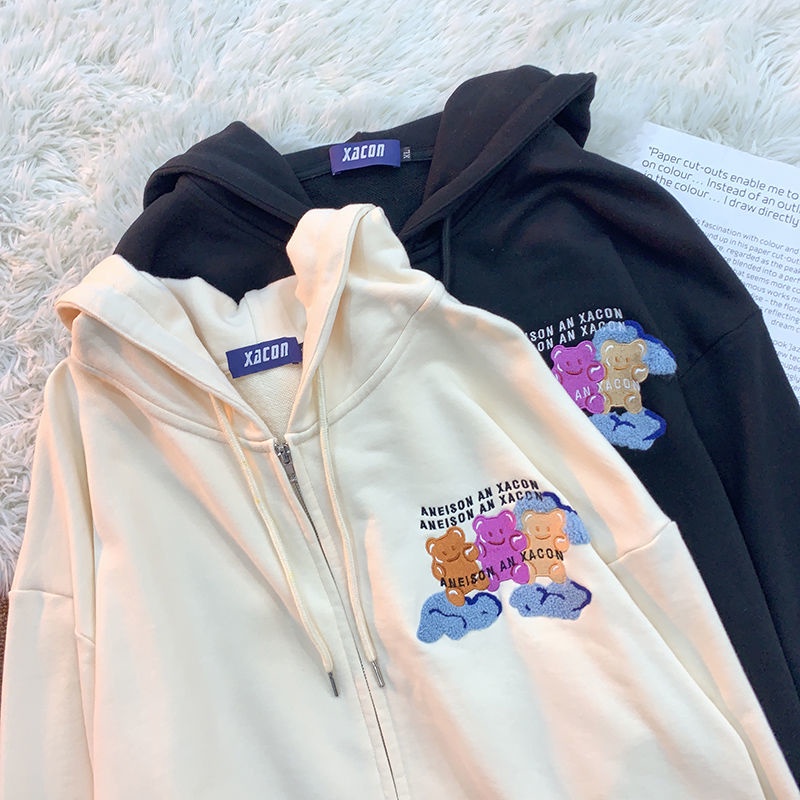 SHINee11 เสื้อแจ็กเก็ต เสื้อเบสบอล มีฮู้ด แต่งซิป ทรงหลวม ลายหมีน่ารัก สีสันสดใส สไตล์เกาหลี สําหรับผู้หญิง และนักเรียน