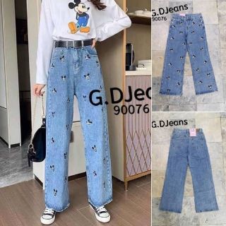 G.D.Jeans รุ่น 90076#กางเกงยีนส์ขายาวผ้าด้านทรงกระบอกใหญ่สีฟอกงานปักลายการ์ตูนตามเทรน