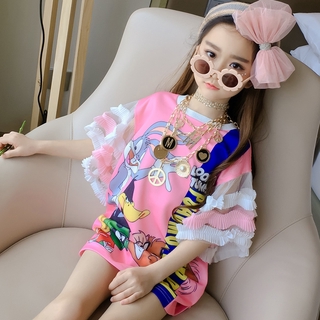 Girls Dress Fashion Petals-Sleeve T-shirt Dress Cute Cartoon Dress