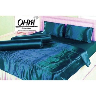 OHM ผ้าปูที่นอน ผ้าเครปซาติน 220 เส้น ขนาด 7 ฟุต 5 ชิ้น (สีฟ้าอมเขียวเข้มน้ำทะเล)