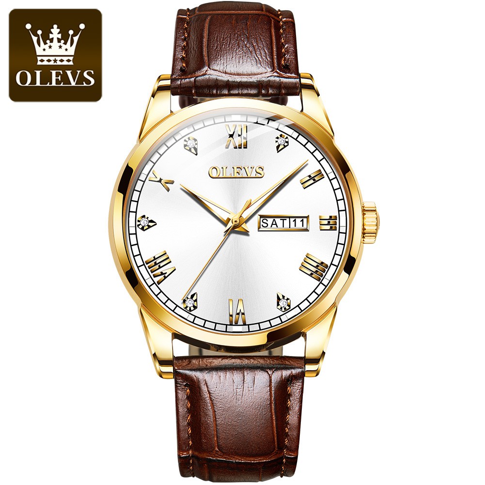 OLEVS นาฬิกาข้อมือผู้ชายหนังสีน้ำตาลนาฬิกาควอตซ์ธุรกิจแฟชั่นกันน้ำวันที่ส่องสว่างนาฬิกาแฟชั่นลำลอง