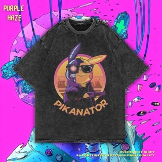 ผ้าฝ้ายคอกลมเสื้อยืด ขนาดใหญ่ พิมพ์ลาย Pikanator สีม่วง | หินล้างทําความสะอาด | เสื้อปิกาจู x เทอร์มิเนเตอร์ | เสื้อยืด