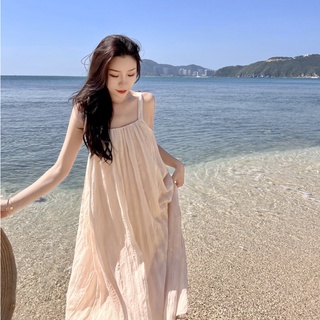(พร้อมส่ง)เดรสยาวพลีท สีครีม สายเดียว ปรับเป็นเอี่ยมหรือผูกคอได้