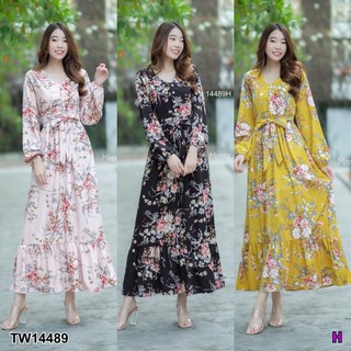 JK14489 เMaxi Dress เดรสยาว แขนยาวปลายแขนจั๊ม ติดกระดุมหน้า ดีเทลจับจีบทวิทช่วงเอว ตัดต่อระบายชายกระโปรง มีสม๊อคที่เอว