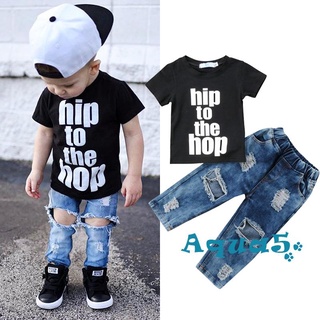 Aqq- ชุดเสื้อแขนสั้น คอกลม ผ้ายีน ฉลุลายตัวอักษร แฟชั่นฤดูร้อน สําหรับเด็ก 2 ชิ้น