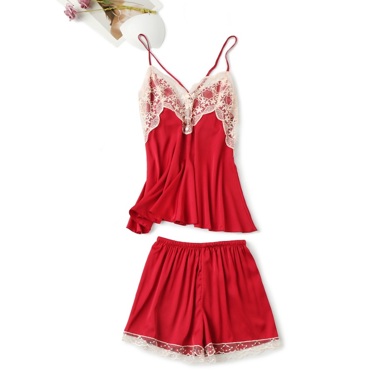 2 ชิ้น ผู้หญิง เซ็กซี่ ผ้าไหมซาติน ชุดนอน ชุดนอนลูกไม้ ชุดนอนฤดูร้อน ชุดนอนแฟชั่น ชุดนอน - รูปที่ 4
