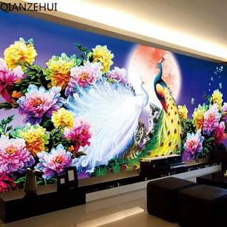 QIANZEHUI,In stock DIY Full Embroidery,Round Diamond Blooming  peacock Diamond painting cross stitch,needlework