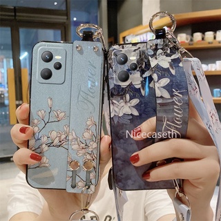 เคสโทรศัพท Realme 9 9i 9 Pro+ FreeFire Limited Edition C35 Narzo 50 50A Prime เคส Glitter Flower Pattern Phone Case with TPU Wristband Stand Backpack Style Phone Cover