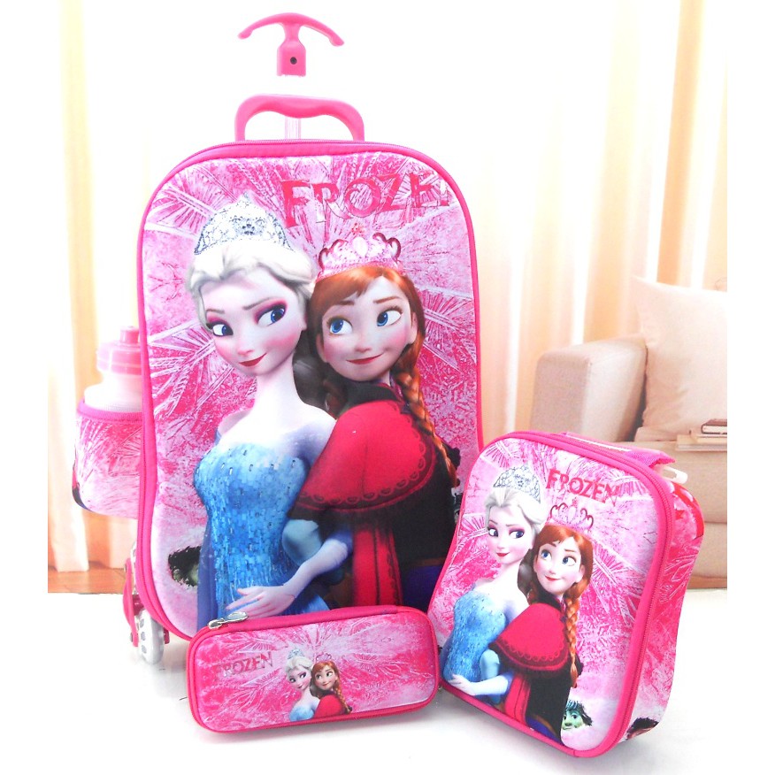 นําเข้า TURLY TROLLEY PRIMARY SCHOOL CHILDRENS SCHOOL BAG FROZEN MOTIF นูน 3D 4 IN 1 ชุด 6 ล้อ