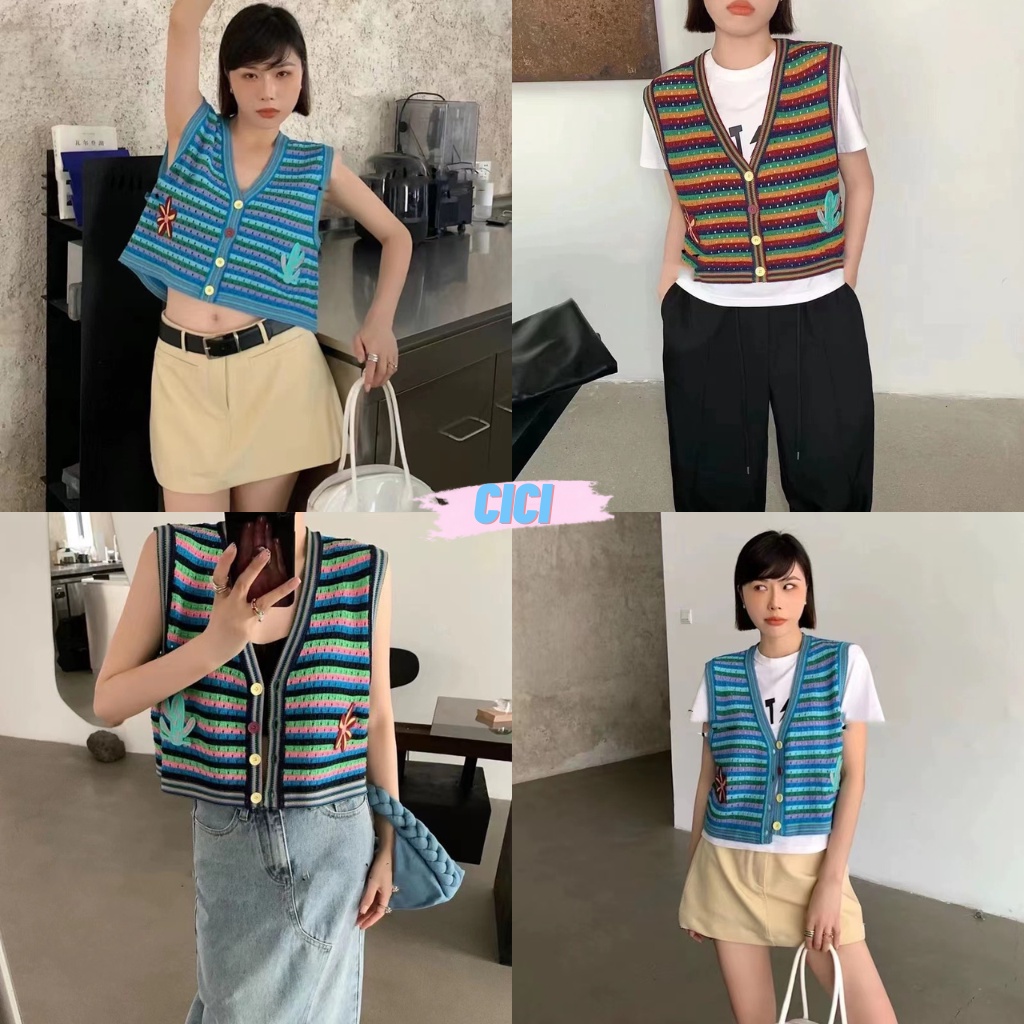 ส่งทันที Cici(SALE 1418)เสื้อกั๊กลายทางไหมพรมถักดีเทลกระดุมหลากสีปักลายปลาดาวน่ารักมากกก