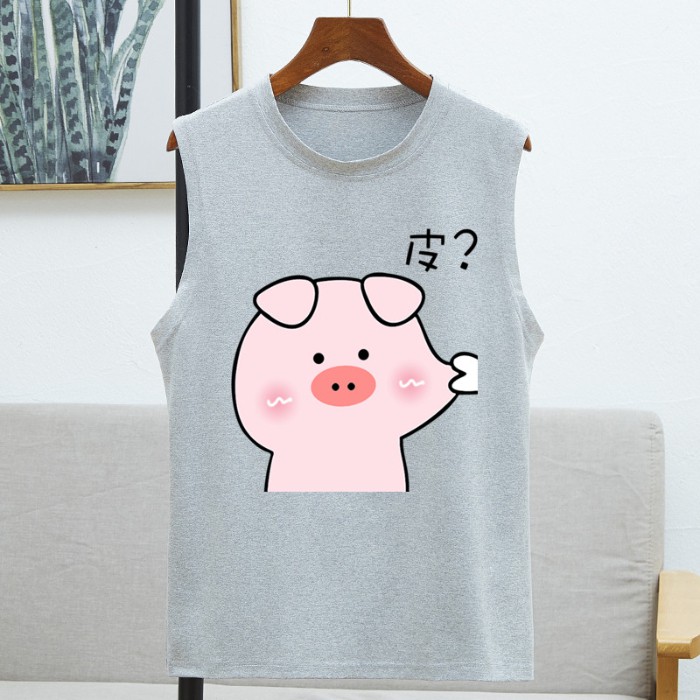 ฤดูร้อน อินเทรนด์ที่สุด ลายการ์ตูนหมูน่ารัก เนื้อผ้าใส่สบาย คอกลม เสื้อแขนกุด 8สี S~3XL