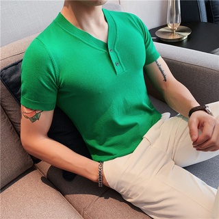 Summer light luxury business casual slim knit short-sleeved polo shirt male Britishtrend brand slim lapel solid color T-