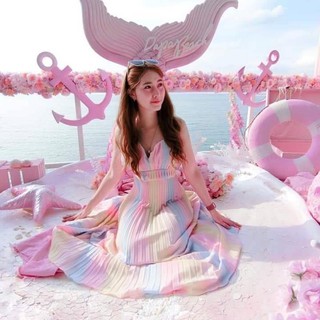 ชุดเดรสผู้หญิง ชุดเดรสแฟชั่น เดรสเซ็กซี่ เดรสแฟชั่นสวยๆ เดรสเกาหลี เดรสยาว เดรสสาวอวบ ทูโทนสายเดี่ยวอัดพีท